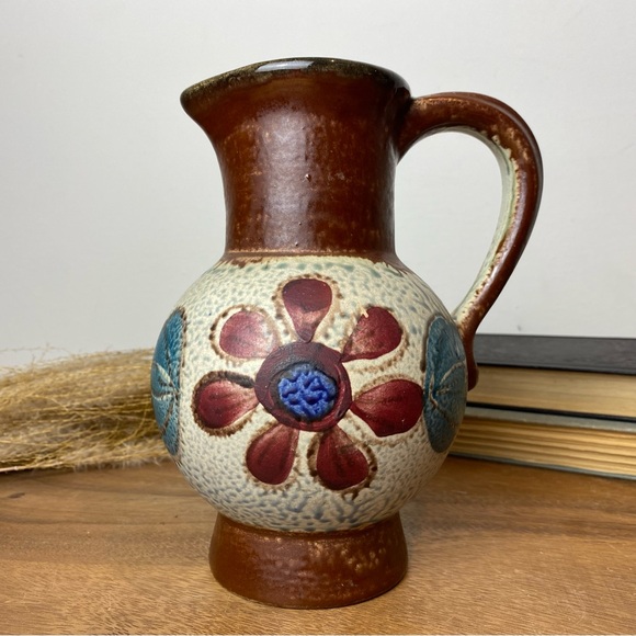 West Germany Pottery Vase, Floral Design, Mid Century Modern Pottery - Picture 2 of 10